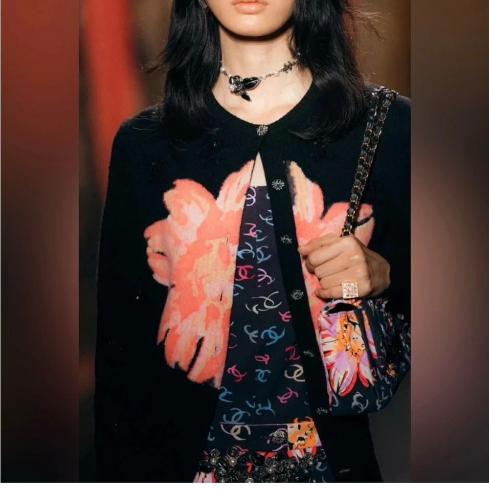 CHANEL Black Cardigan with Pink Floral Motif. 2024, 100% Cashmere, FR 36, US S